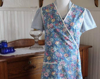 Blue Calico 1940s Wrap Apron -Ready to Ship