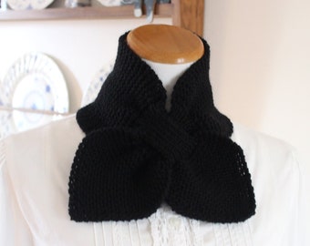 Black Bow Scarf Hand Knit Keyhole Ascot Acrylic Wool Blend Ready to Ship