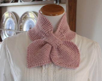 Hand Knit Bow Scarf Keyhole Ascot Style Wool Blend Pink Mauve Ready to Ship