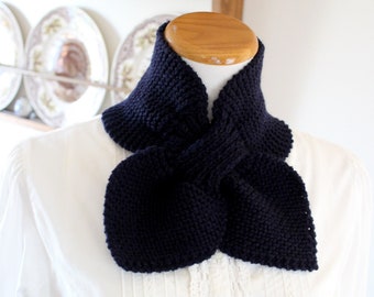 Bow Scarf Hand Knit Keyhole Ascot STyle Wool Blend Dark Navy Blue Ready to Ship