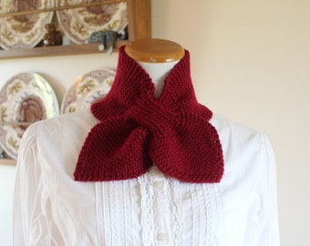 Hand Knit Bow Scarf Keyhole Scarf Ascot Scarf Wool Blend Cranberry Red Ready to Ship