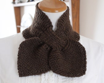 Hand Knit Bow Scarf Keyhole Scarf Ascot Scarf 100% Wool Brown Ready to Ship