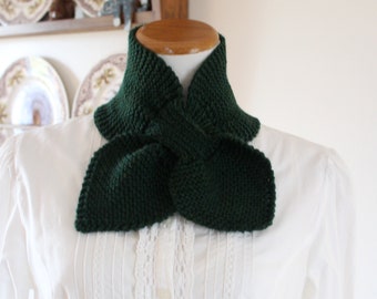 Hand Knit Bow Scarf Keyhole Scarf Ascot Scarf Wool Blend Dark Green Ready to Ship