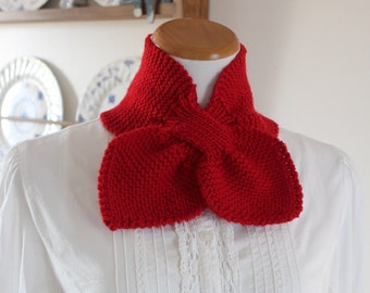 Red Bow Scarf Hand Knit Ascot 100% Wool Keyhole Scarf Ready to Ship