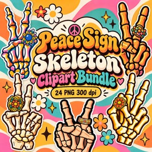 Könnte beinhalten: Eine digitale Grafik mit fünf Skeletthänden, die Friedenszeichen formen und mit bunten Blumenringen verziert sind. Der zentrale Text lautet Peace Sign Skeleton Clipart Bundle 24 PNG 300 dpi. Der Hintergrund besteht aus wellenförmigen orangefarbenen, rosafarbenen und türkisfarbenen Linien.