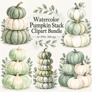 Könnte beinhalten: Eine digitale Sammlung von Aquarell-Kürbisstapeln in Salbeigrün und Cremetönen, akzentuiert mit grünen Blättern. Der zentrale Text lautet Watercolor Pumpkin Stack Clipart Bundle 24 PNG 300 dpi und zeigt verschiedene Anordnungen.
