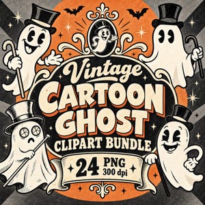 May include: A digital graphic featuring the text Vintage CARTOON GHOST CLIPART BUNDLE 24 PNG 300 dpi. The design includes four white ghosts wearing black top hats and holding canes, arranged around a central oval frame with a small ghost icon.