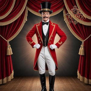 Disfraz de maestro de ceremonias de circo para hombre / Chaqueta de frac roja / Disfraz de líder de pista / Abrigo de carnaval de los años 20 / Frac de mago