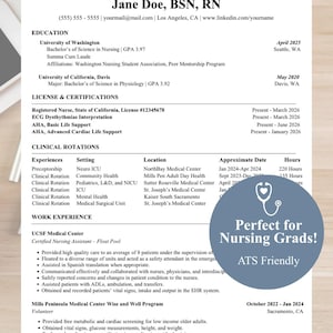 May include: A professional nursing resume template for Jane Doe, BSN, RN, featuring sections for education, licenses, clinical rotations, and work experience. A blue circular overlay includes a white stethoscope icon and the text Perfect for Nursing Grads! ATS Friendly.