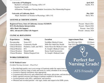 Op de afbeelding: Een professioneel verpleegkundig cv-sjabloon voor Jane Doe, BSN, RN, met secties voor opleiding, licenties, klinische stages en werkervaring. Een blauwe cirkel bevat een stethoscooppictogram en de tekst Perfect for Nursing Grads! ATS Friendly.