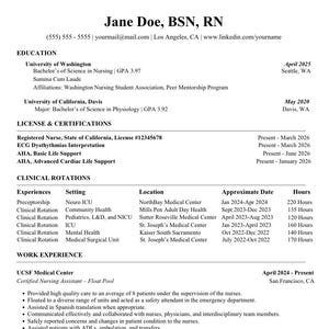 May include: A professional resume for Jane Doe, BSN, RN, featuring contact information, education from the University of Washington and UC Davis, nursing licenses, certifications, clinical rotations, and work experience at UCSF Medical Center.