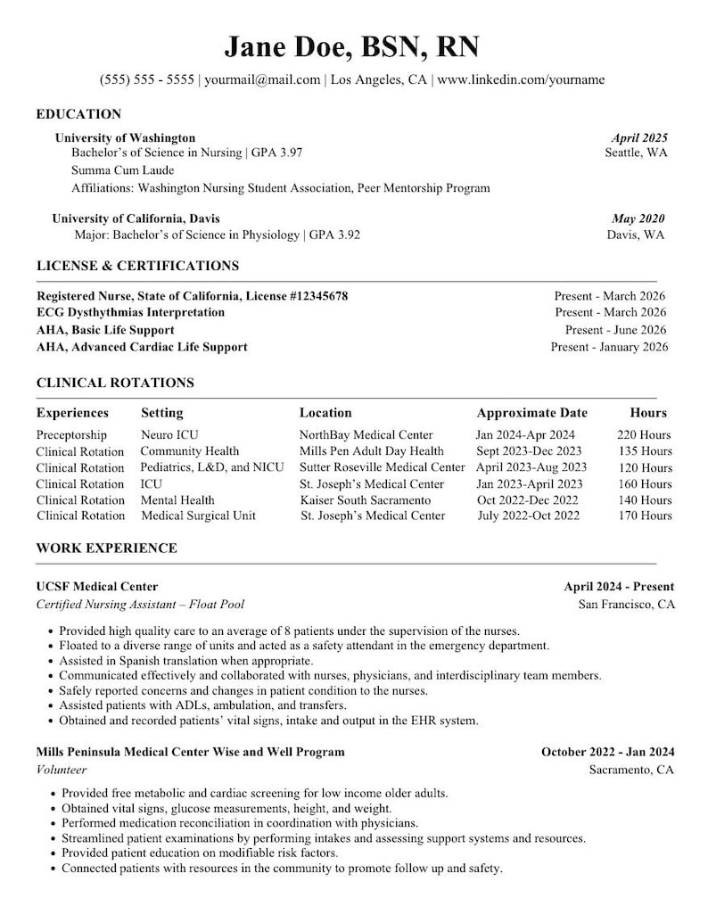 New Grad Nurse Resume Template | ATS Friendly Healthcare (Canva, Docs, and Apple Pages Download)