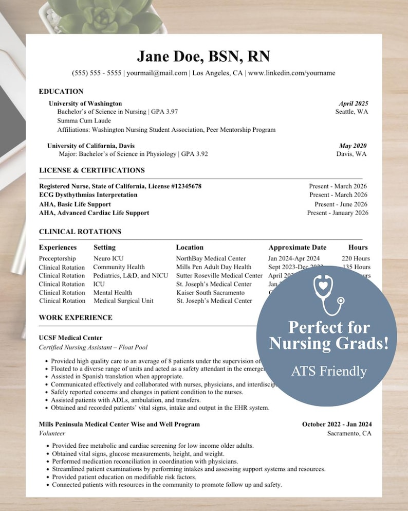 May include: A professional nursing resume template for Jane Doe, BSN, RN, featuring sections for education, licenses, clinical rotations, and work experience. A blue circular overlay includes a white stethoscope icon and the text Perfect for Nursing Grads! ATS Friendly.