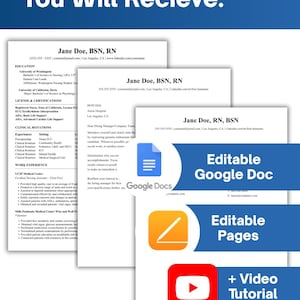 May include: A digital resume template set featuring three white documents with black text, including a nursing resume and cover letter. The image includes blue and orange icons for Google Docs, Apple Pages, and a red icon for a video tutorial.