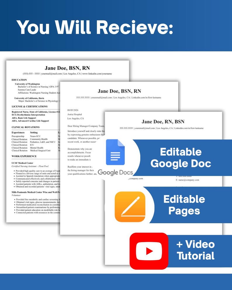 May include: A digital resume template set featuring three white documents with black text, including a nursing resume and cover letter. The image includes blue and orange icons for Google Docs, Apple Pages, and a red icon for a video tutorial.