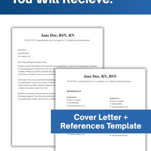 May include: A digital template set featuring a cover letter and a references page for a nursing professional. The documents include placeholders for contact information, professional credentials, and reference details, all presented in a clean, black and white layout.