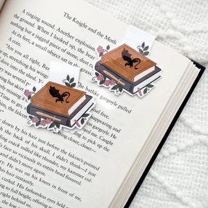 May include: Two magnetic bookmarks featuring an illustration of a stack of two books. The top book is brown with a black dragon silhouette, and the bottom book is dark gray with a gold sword. Pink flowers and green leaves accent the book stack.