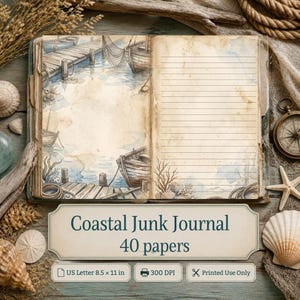 Puede incluir: Un diario abierto con temática costera que presenta ilustraciones en acuarela de muelles de madera, barcos de pesca y redes en la página izquierda, y papel rayado a la derecha. El texto dice Coastal Junk Journal 40 papers y US Letter 21,59 x 27,94 cm.