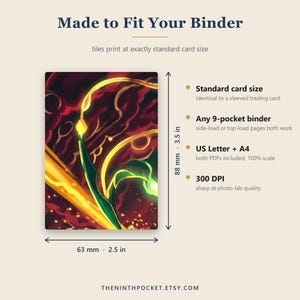 May include: A rectangular card with abstract yellow, green, and dark red swirling patterns. Dimensions are 2.5 inches by 3.5 inches. Text includes Made to Fit Your Binder, Standard card size, Any 9-pocket binder, US Letter + A4, and 300 DPI.