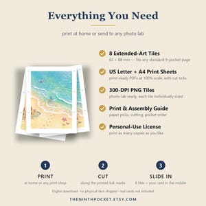May include: A digital download guide titled Everything You Need, featuring a beach-themed card illustration with 8 Extended-Art Tiles measuring 63 x 88 mm. Includes US Letter and A4 print sheets, 300-DPI PNG tiles, a guide, and a personal-use license.