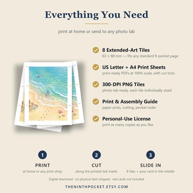 May include: A digital download guide titled Everything You Need, featuring a beach-themed card illustration with 8 Extended-Art Tiles measuring 63 x 88 mm. Includes US Letter and A4 print sheets, 300-DPI PNG tiles, a guide, and a personal-use license.
