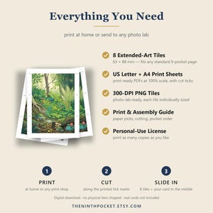 Może przedstawiać: Cyfrowy przewodnik do pobrania zatytułowany Everything You Need z ilustracją lasu i 8 rozszerzonymi kafelkami artystycznymi o wymiarach 63 x 88 mm. Zawiera arkusze do druku US Letter i A4, kafelki PNG 300 DPI, instrukcję montażu oraz licencję.