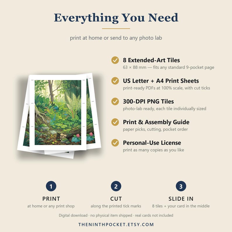 Może przedstawiać: Cyfrowy przewodnik do pobrania zatytułowany Everything You Need z ilustracją lasu i 8 rozszerzonymi kafelkami artystycznymi o wymiarach 63 x 88 mm. Zawiera arkusze do druku US Letter i A4, kafelki PNG 300 DPI, instrukcję montażu oraz licencję.