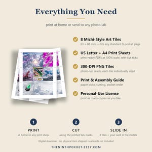 Puede incluir: Una gu&iacute;a de descarga digital titulada Everything You Need que incluye 8 azulejos art&iacute;sticos estilo Michi de 63 x 88 mm, hojas de impresi&oacute;n A4 y US Letter, archivos PNG de 300 DPI, una gu&iacute;a de montaje y una licencia de uso personal.