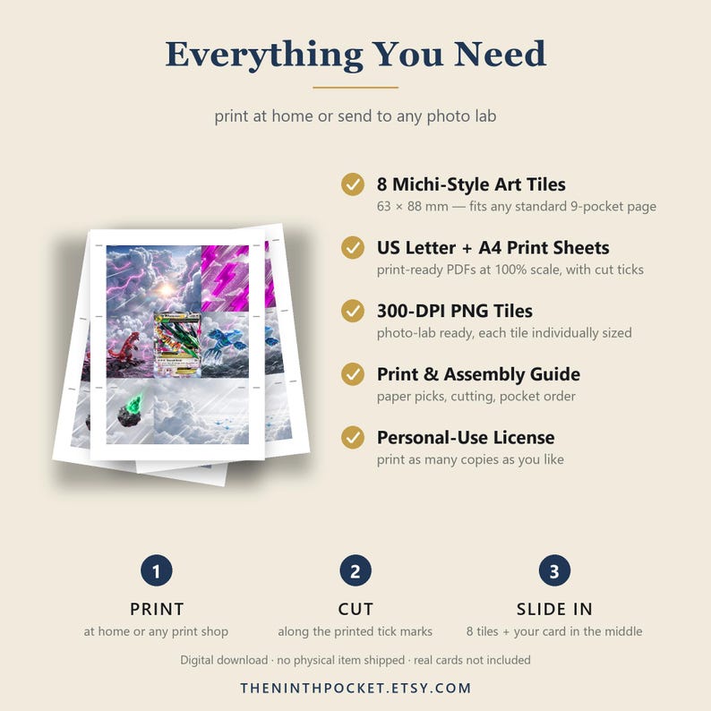 Puede incluir: Una gu&iacute;a de descarga digital titulada Everything You Need que incluye 8 azulejos art&iacute;sticos estilo Michi de 63 x 88 mm, hojas de impresi&oacute;n A4 y US Letter, archivos PNG de 300 DPI, una gu&iacute;a de montaje y una licencia de uso personal.