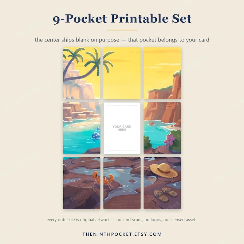 May include: A 9-pocket printable set featuring a tropical beach landscape divided into nine tiles. The center tile is blank with a dashed border and the text 'YOUR CARD HERE'. The surrounding tiles show palm trees, cliffs, water, a crab, and sandals.