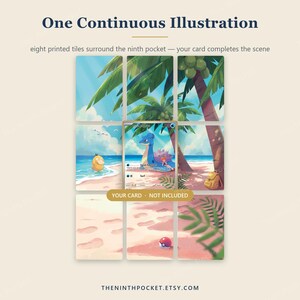 May include: A set of eight rectangular printed tiles arranged in a grid, featuring a tropical beach scene with palm trees, a yellow creature, and a red and white ball. The center space is empty, with text stating YOUR CARD NOT INCLUDED.