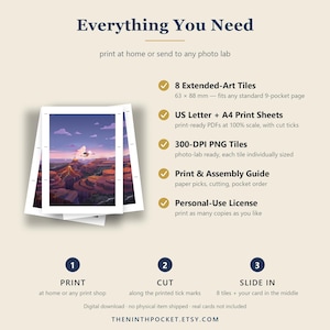 May include: A digital download product listing titled Everything You Need, featuring 8 extended-art tiles measuring 63 x 88 mm, US Letter and A4 print sheets, 300-DPI PNG tiles, a print and assembly guide, and a personal-use license for cards.