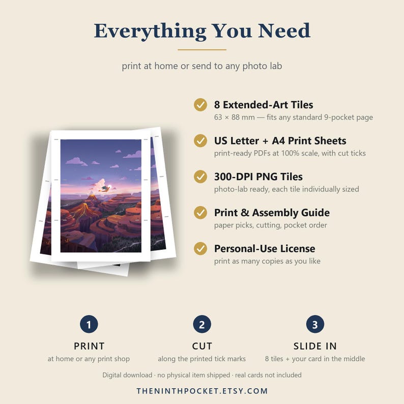 May include: A digital download product listing titled Everything You Need, featuring 8 extended-art tiles measuring 63 x 88 mm, US Letter and A4 print sheets, 300-DPI PNG tiles, a print and assembly guide, and a personal-use license for cards.