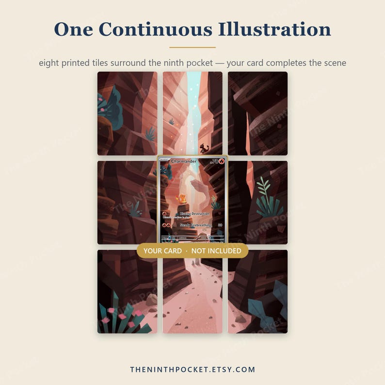 May include: A display set of eight printed tiles arranged in a grid, surrounding a central empty space for a trading card. The tiles feature a continuous illustration of a canyon landscape. Text reads: One Continuous Illustration, eight printed tiles surround the ninth pocket &mdash; your card completes the scene, YOUR CARD &middot; NOT INCLUDED, and THENINTHPOCKET.ETSY.COM.