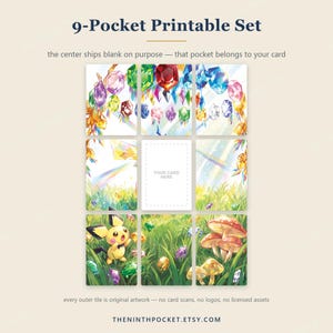 May include: A 9-pocket printable set featuring a grid of illustrations with colorful gemstones, a grassy field, mushrooms, and a small yellow creature with black-tipped ears. The center pocket is blank with the text YOUR CARD HERE.