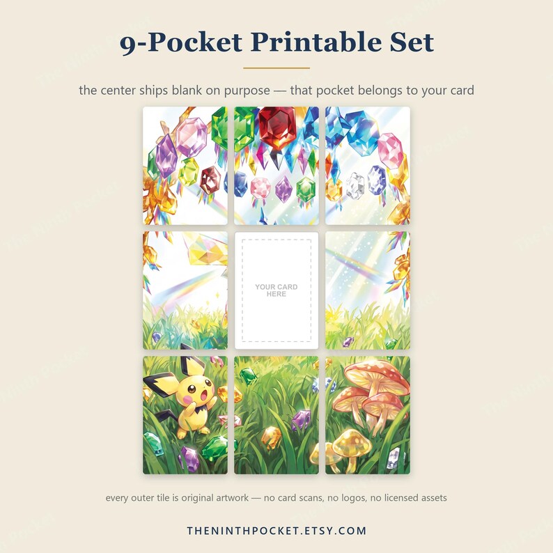 May include: A 9-pocket printable set featuring a grid of illustrations with colorful gemstones, a grassy field, mushrooms, and a small yellow creature with black-tipped ears. The center pocket is blank with the text YOUR CARD HERE.