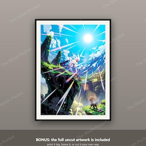 May include: A framed digital art print featuring a vibrant landscape with a bright sun, blue sky, and white clouds. The scene depicts a rocky cliffside with green vegetation, a small creature, and light rays extending across the composition.
