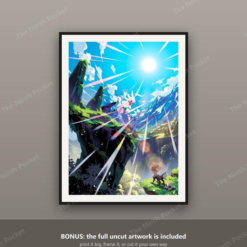 May include: A framed digital art print featuring a vibrant landscape with a bright sun, blue sky, and white clouds. The scene depicts a rocky cliffside with green vegetation, a small creature, and light rays extending across the composition.