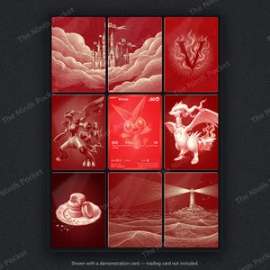 Peut inclure: Une collection de neuf cartes rectangulaires dispos&eacute;es en grille, toutes pr&eacute;sentant une palette de couleurs rouge monochrome. Les cartes affichent diverses illustrations dont un ch&acirc;teau dans les nuages, une lettre V, deux cr&eacute;atures, une carte Victini, des macarons et un phare.