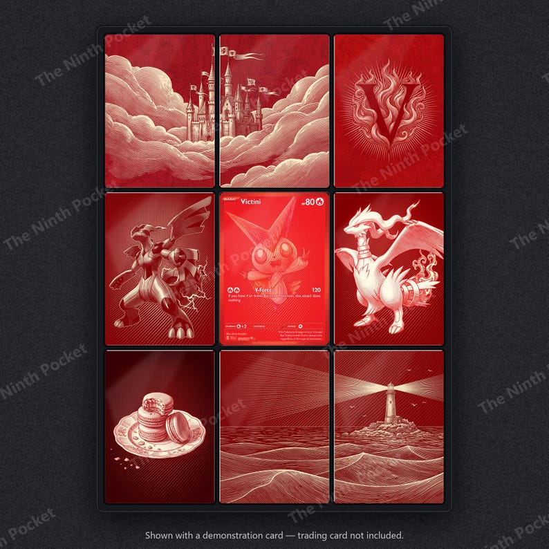Peut inclure: Une collection de neuf cartes rectangulaires dispos&eacute;es en grille, toutes pr&eacute;sentant une palette de couleurs rouge monochrome. Les cartes affichent diverses illustrations dont un ch&acirc;teau dans les nuages, une lettre V, deux cr&eacute;atures, une carte Victini, des macarons et un phare.