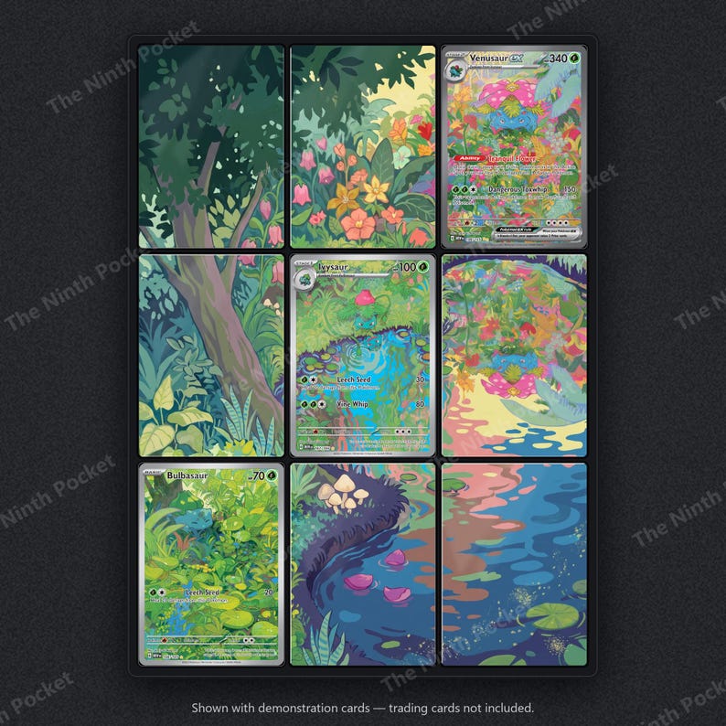 Venusaur ex, Ivysaur & Bulbasaur inspirerad utökad konst | Pärm med 9 fickor | TCG-display med 3 kort | Utskrivbar digital nedladdning bild 2