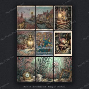 May include: A collection of nine rectangular art cards featuring detailed illustrations of coastal scenes, a lighthouse, a harbor, a creature on books, a lantern, a Dhelmise trading card, a small creature, a clock, and underwater kelp.