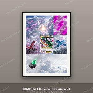 Puede incluir: Un p&oacute;ster rectangular que presenta un collage de im&aacute;genes de Pok&eacute;mon, incluyendo una carta coleccionable M Rayquaza EX central, una criatura roja en un paisaje rocoso, una criatura azul en el agua, un meteoro verde brillante y rayos rosas.