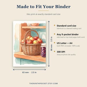 Op de afbeelding: Een aquarelillustratie van een gevlochten mand gevuld met rode en gele appels naast een pot met bessen op een plank. De afbeelding bevat de tekst: Made to Fit Your Binder, 88 mm - 3.5 in, 63 mm - 2.5 in, Standard card size, Any 9-pocket binder, US Letter + A4, 300 DPI.