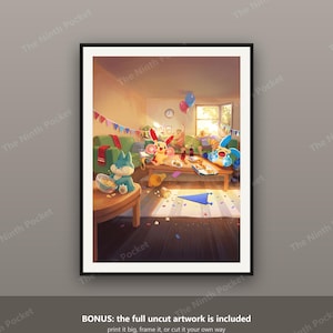 May include: A framed digital art print depicting a lively indoor party scene with various colourful cartoon creatures. The room features a green sofa, a wooden coffee table with snacks, festive bunting, and balloons. The text reads: BONUS: the full uncut artwork is included print it big, frame it, or cut it your own way.
