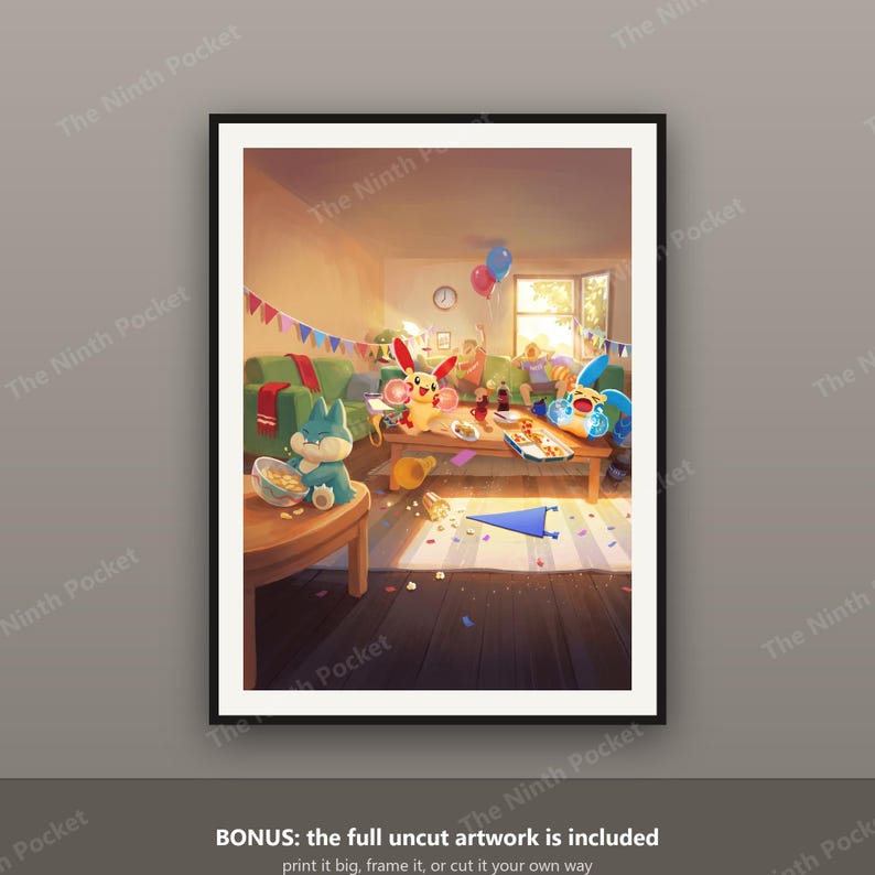 May include: A framed digital art print depicting a lively indoor party scene with various colourful cartoon creatures. The room features a green sofa, a wooden coffee table with snacks, festive bunting, and balloons. The text reads: BONUS: the full uncut artwork is included print it big, frame it, or cut it your own way.