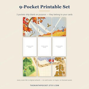 K&ouml;nnte beinhalten: Ein 9-Taschen-Druckset mit einem Raster aus Karten. Die oberste Reihe zeigt Herbstbl&auml;tter, einen Vogel und einen Turm. Die mittlere Reihe enth&auml;lt drei leere Karten mit der Aufschrift 'YOUR CARD HERE'. Die untere Reihe zeigt eine Karte mit B&auml;umen, einem Geb&auml;ude und Felsen.