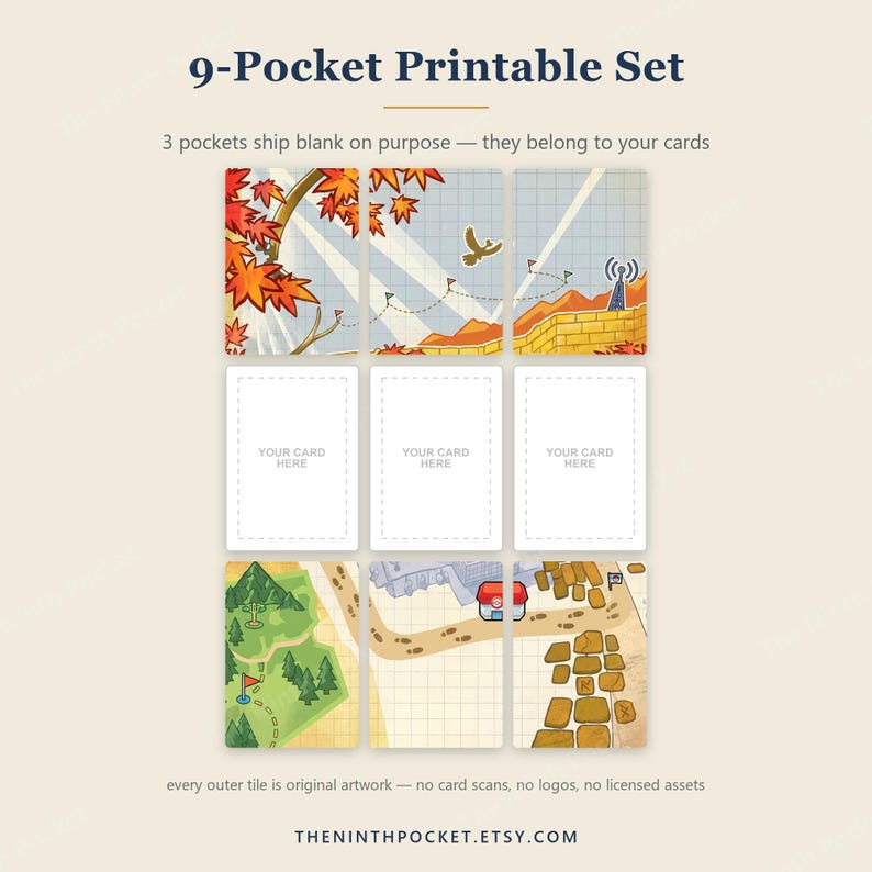 K&ouml;nnte beinhalten: Ein 9-Taschen-Druckset mit einem Raster aus Karten. Die oberste Reihe zeigt Herbstbl&auml;tter, einen Vogel und einen Turm. Die mittlere Reihe enth&auml;lt drei leere Karten mit der Aufschrift 'YOUR CARD HERE'. Die untere Reihe zeigt eine Karte mit B&auml;umen, einem Geb&auml;ude und Felsen.