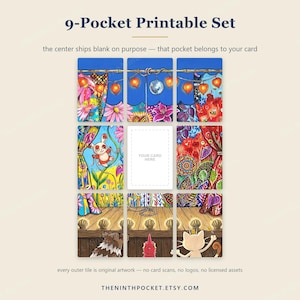 May include: A 9-pocket printable set featuring a colourful stage illustration with curtains, a disco ball, lanterns, and animals. The centre pocket is blank with the text 'YOUR CARD HERE'. The top text reads '9-Pocket Printable Set' and the bottom 'THENINTHPOCKET.ETSY.COM'.