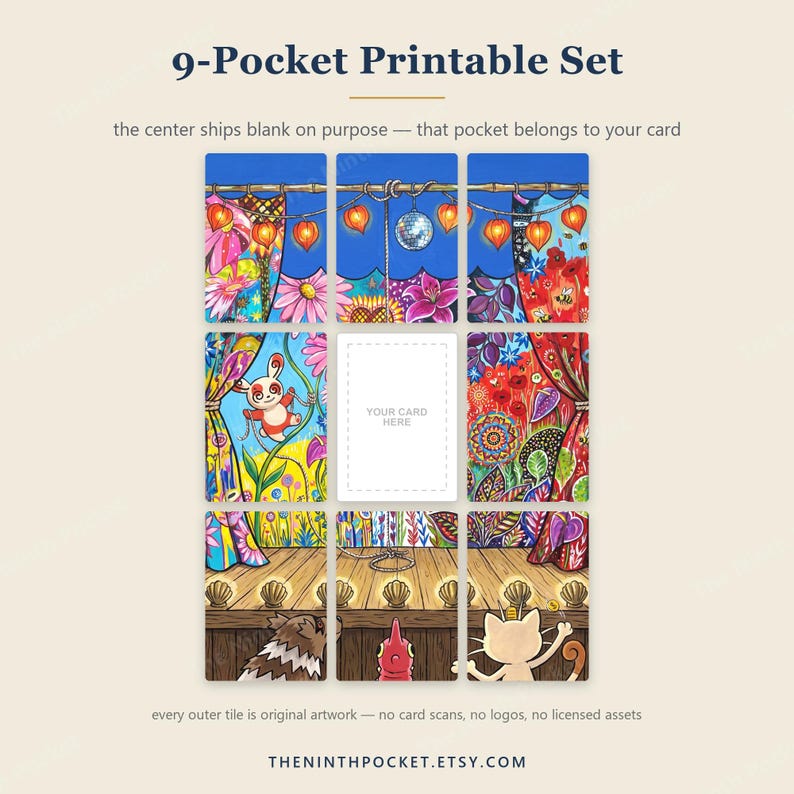 May include: A 9-pocket printable set featuring a colourful stage illustration with curtains, a disco ball, lanterns, and animals. The centre pocket is blank with the text 'YOUR CARD HERE'. The top text reads '9-Pocket Printable Set' and the bottom 'THENINTHPOCKET.ETSY.COM'.